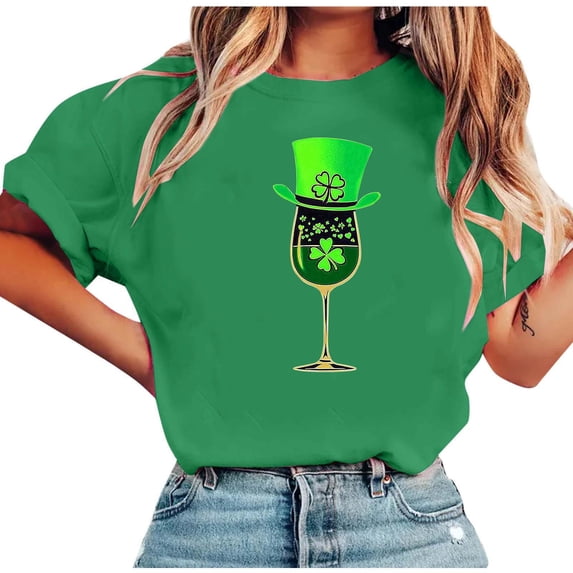 Women's St.Patrick's Day Shirts Crew Neck Short Sleeve Print Pullover Tops Casual Loose Holiday Blouse (S, Green-F)