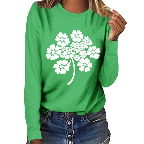 Women's St. Patrick's Day Shirts Cute Shamrock Heart Printed Irish Tee Shirt Casual Long Sleeve Crew Neck Tops (L, Green-8)