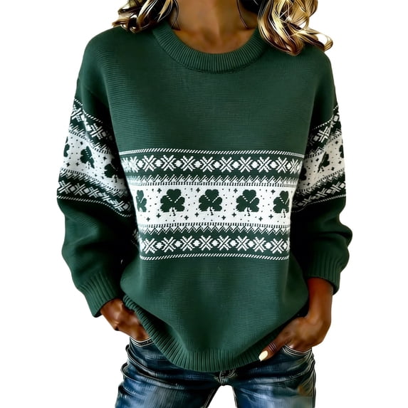Women's St. Patrick's Day Sweatshirts 2026 Shamrock Printed Crewneck Knit Sweaters Long Sleeve Pullover Casual Y2K Spring Tops