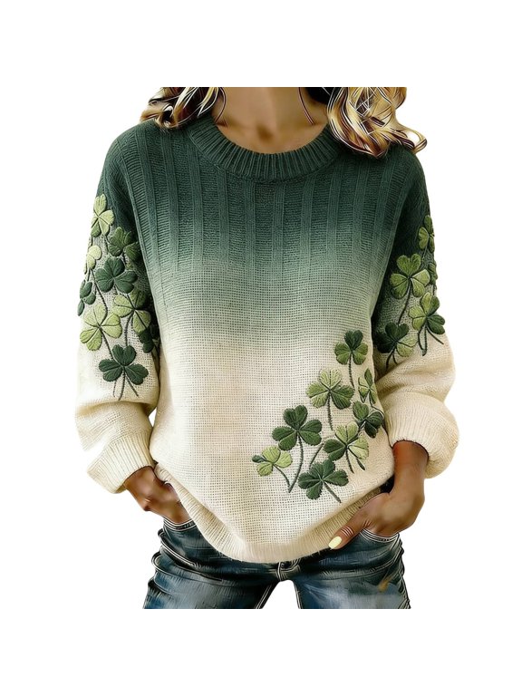 Women's St. Patrick's Day Sweatshirts 2026 Shamrock Printed Crewneck Knit Sweaters Long Sleeve Pullover Casual Y2K Spring Tops