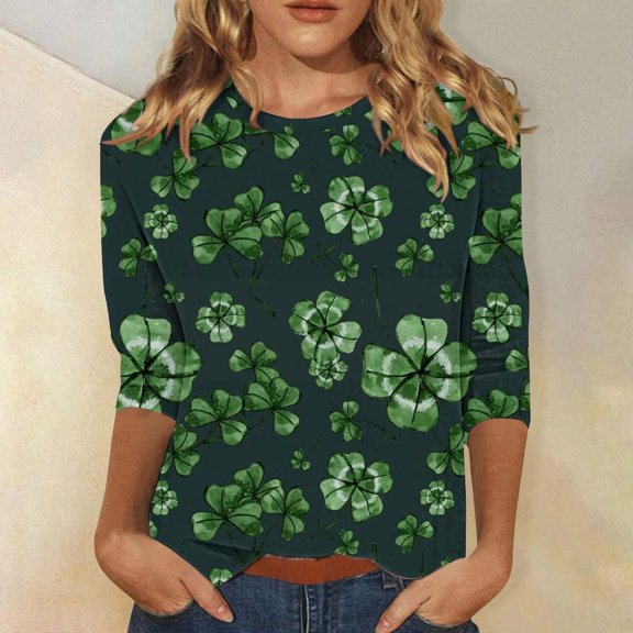 Women's St Patrick's Day T-Shirt 3/4 Sleeve Tshirts Casual Tee Tops Irish Clover Tshirts Plus Size Tops for Women Green Clover T-Shirts Women Trendy Shamrock Print Shirts Crew Neck Summer Shirt