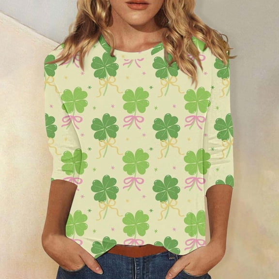 Women's St Patrick's Day T-Shirt Crew Neck Shamrock Print Shirts Green Clover T-Shirts Business Work Top Funny Cute Saints Tops Loose Fit Shirts 3/4 Length Sleeve Women Tops Spring Fall Clothes