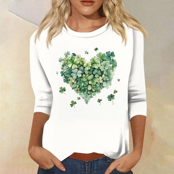 Women's St Patrick's Day T-Shirt Cute Saints Tops Cozy Pullover Green Clover T-Shirts Crew Neck Funny Cute Saints Tops Irish Clover Tshirts Casual Tee Tops Loose Fit Shirts 3/4 Sleeve Tshirts