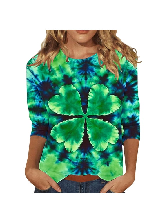 Women's St Patrick's Day T-Shirt Lucky Leaves Printed 3/4 Sleeve Paddy's Tie-dye Green Basic Tee Tshirts (2XL, Green 06)