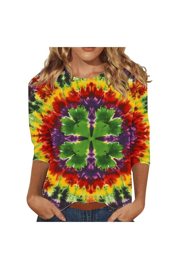Women's St Patrick's Day T-Shirt Lucky Leaves Printed 3/4 Sleeve Paddy's Tie-dye Green Basic Tee Tshirts (3XL, Green)