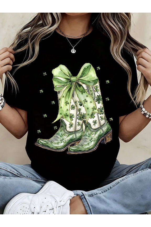 Women's St. Patrick's Day T-Shirt Lucky Shamrock Cowboy Boots Graphic Tee Green Bow Western Style Short Sleeve Top