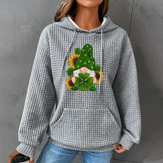 Women's St. Patrick's Day Waffle Hoodies,Women Oversized Hoodies Casual Gnome Print Waffle Long Sleeve Pullover Top Hooded Sweatshirt with Pocket