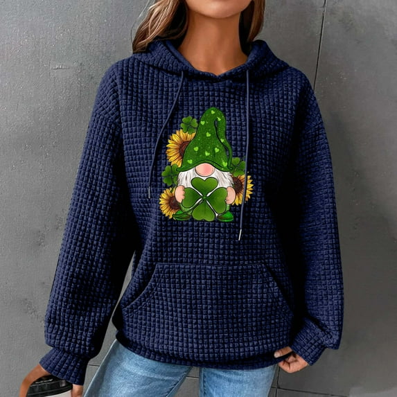 Women's St. Patrick's Day Waffle Hoodies,Women Oversized Hoodies Casual Gnome Print Waffle Long Sleeve Pullover Top Hooded Sweatshirt with Pocket