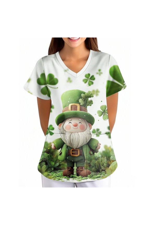 Women's St. Patrick's Print Loose V-Neck Pocket Short Sleeve Uniform, Nursing Scrub Top for Healthcare Workers, Casual Workwear with Pockets,Cyan,S