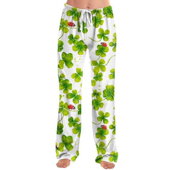 Women's St Patricks Day Pj Pants Shamrock Print Soft Lounge Trousers Wide Leg Pants Joggers 2025 Holiday Costumes