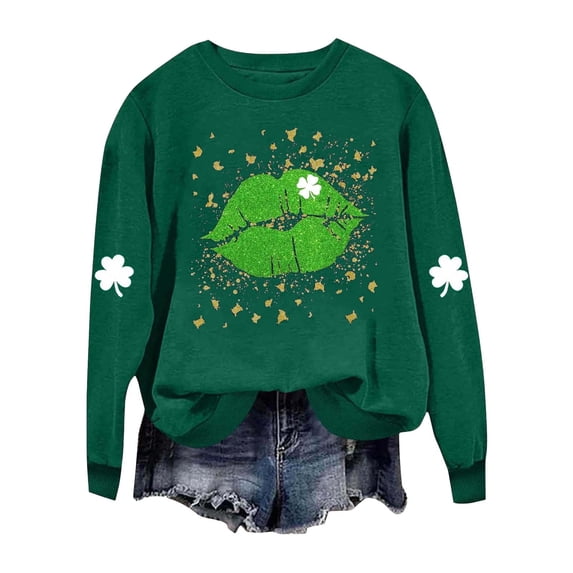 Women's St Patricks Day Printed Crewneck Sweatshirt Long Sleeve Casual Loose Fit Pullover Tops (M, Green)