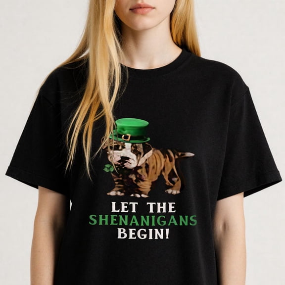 Women's St Patricks Day Puppy Tee Let The Shenanigans Begin S-4XL Mother's Day Gift