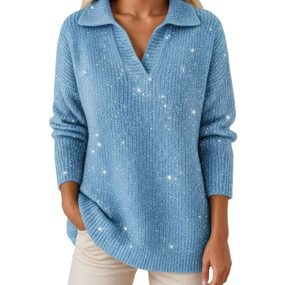 Women's St Patricks Day Sweater, V-Neck Sweater - Oversized Long Sleeve Solid Color, Fall Winter Metallic Thread Knit Glitter Top,Size:3XL