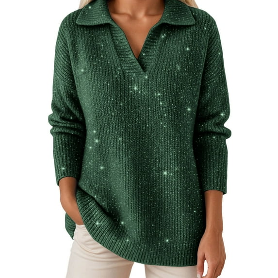 Women's St Patricks Day Sweater, V-Neck Sweater - Oversized Long Sleeve Solid Color, Fall Winter Metallic Thread Knit Glitter Top,Size:XL