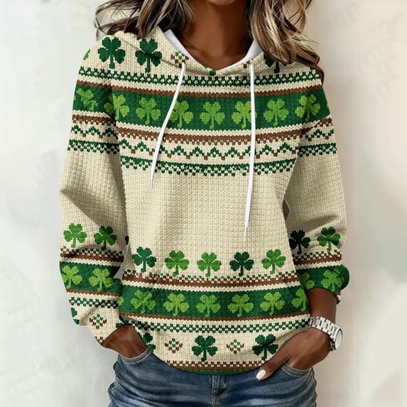 Women's St Patricks Day Sweatshirt Long Sleeve Crewneck Irish Shamrock Print Hoodie Plus Size Saint Patricks Shirt Camel M