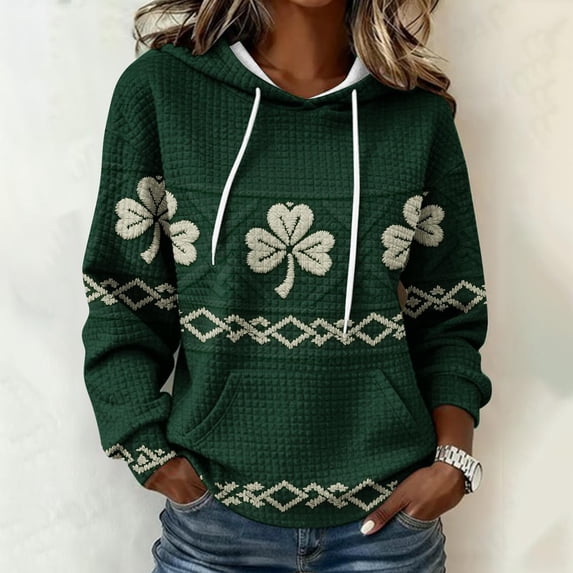 Women's St Patricks Day Sweatshirt Long Sleeve Crewneck Irish Shamrock Print Hoodie Plus Size Saint Patricks Shirt Dark Green M