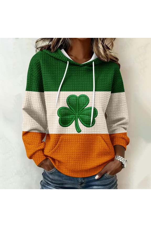 Women's St Patricks Day Sweatshirt Long Sleeve Crewneck Irish Shamrock Print Hoodie Plus Size Saint Patricks Shirt Orange XL