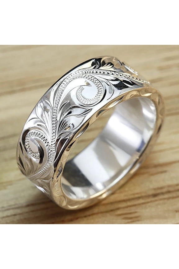 Women's Stackable Engagement Band Engraved Rose Flower Ring