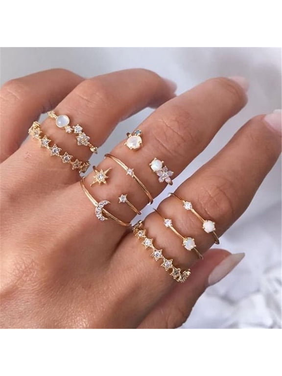 Women’s Stackable Ring Set, Assorted Styles (Boho Silver, Minimalist Silver, Star Moon Gold), Hypoallergenic Fashion Jewelry, Multi-Pack