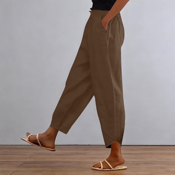 Women's Stacked V Hem Trousers, High Waist Casual Slub Cotton Pants with Elastic Waistband, Relaxed Fit Long Pants for Daily Wear, Vacation and Loungewear Coffee XL