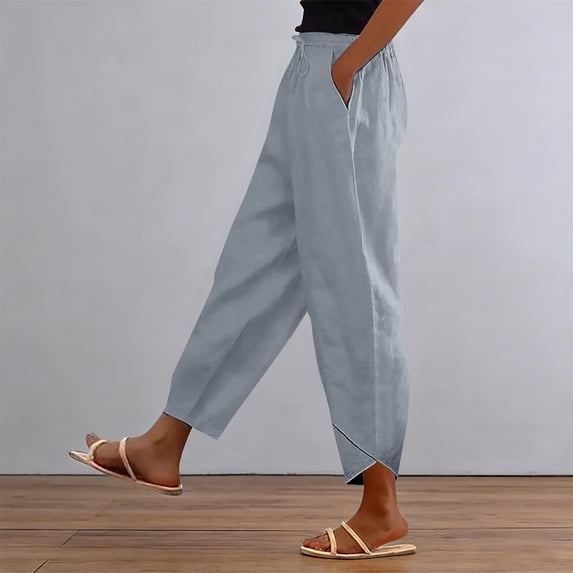 Women's Stacked V Hem Trousers, High Waist Casual Slub Cotton Pants with Elastic Waistband, Relaxed Fit Long Pants for Daily Wear, Vacation and Loungewear Light Ashy L