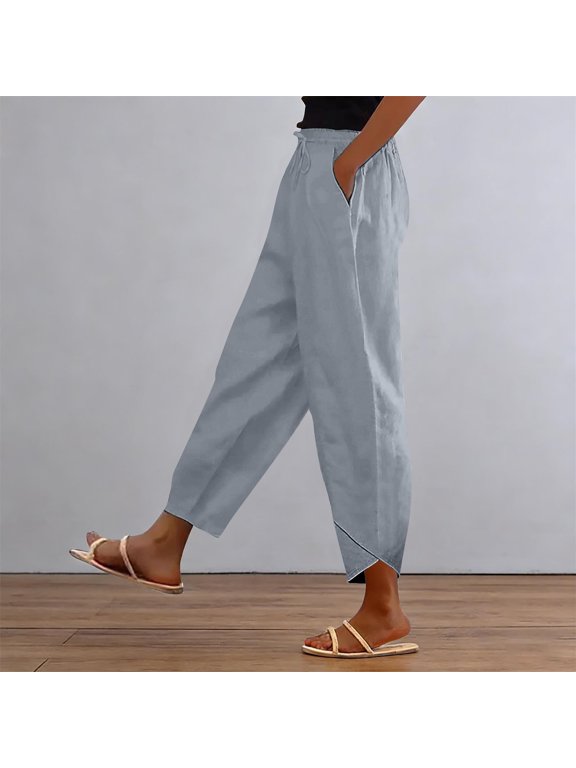 Women's Stacked V Hem Trousers, High Waist Casual Slub Cotton Pants with Elastic Waistband, Relaxed Fit Long Pants for Daily Wear, Vacation and Loungewear Light Ashy S