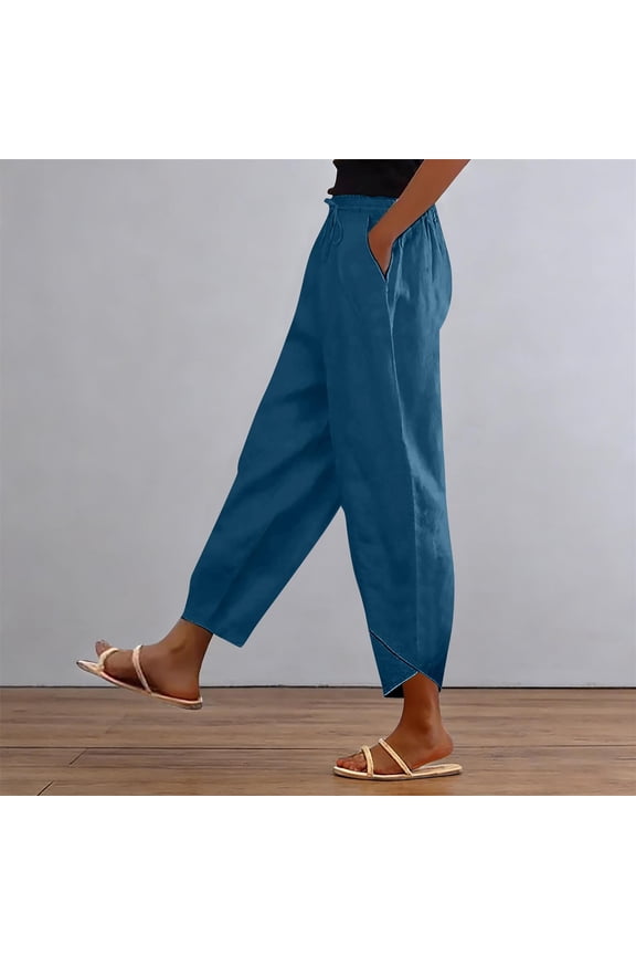 Women's Stacked V Hem Trousers, High Waist Casual Slub Cotton Pants with Elastic Waistband, Relaxed Fit Long Pants for Daily Wear, Vacation and Loungewear Navy M