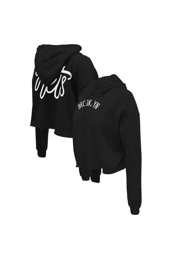 Women's Stadium Essentials Black Brooklyn Nets Origins Script Cropped Pullover Hoodie