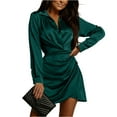 thumbnail image 1 of Women's Stain Long Sleeve Dress Elegant Shirts Tunic Dresses Casual V-Neck Mini Dress Green 2XL, 1 of 5