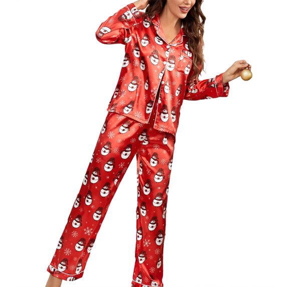Women’s Stain Pajamas Set, Soft Long Sleeve Button Down Shirt + Pants Set Sleepwear