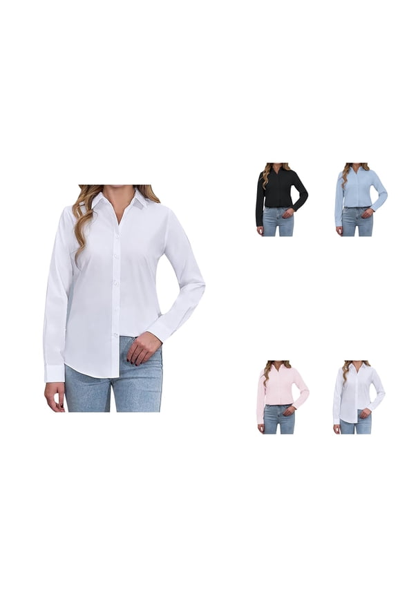 Women's Stain Shield & -Resistant Long Sleeve Dress Shirt – Solid Work Business Button-Down Top with Extra Long Sleeves