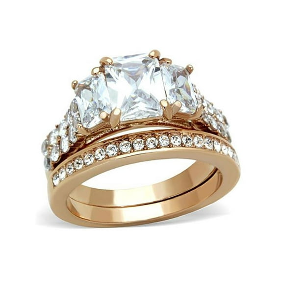 Women's Stainless Steel 316 Rose Gold Emerald Cut Zirconia Wedding Ring Set Size 7