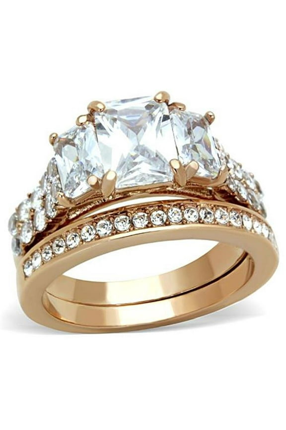 Women's Stainless Steel 316 Rose Gold Emerald Cut Zirconia Wedding Ring Set Size 9
