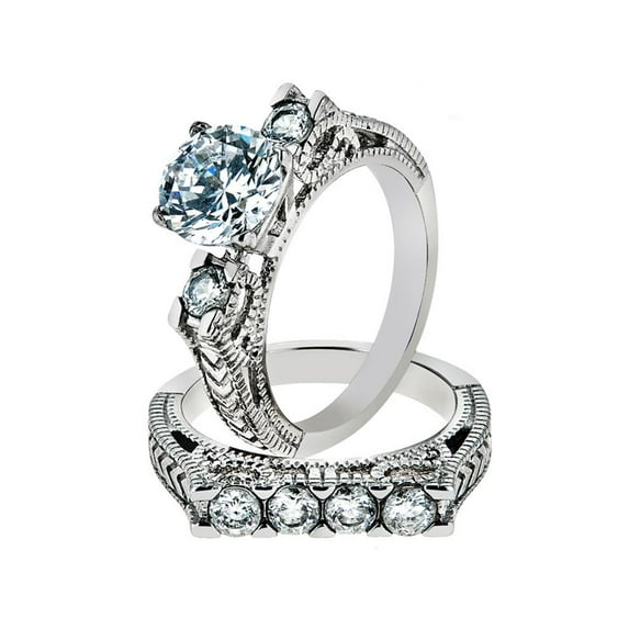 Women's Stainless Steel 316 Round Cut Cubic Zirconia Vintage Wedding Ring Set Size 9