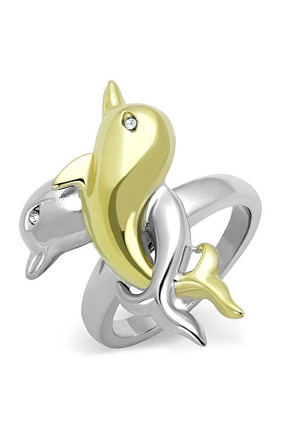 Women's Stainless Steel 316 Two Toned Plated Crystal Dolphin Fashion Ring Size 6