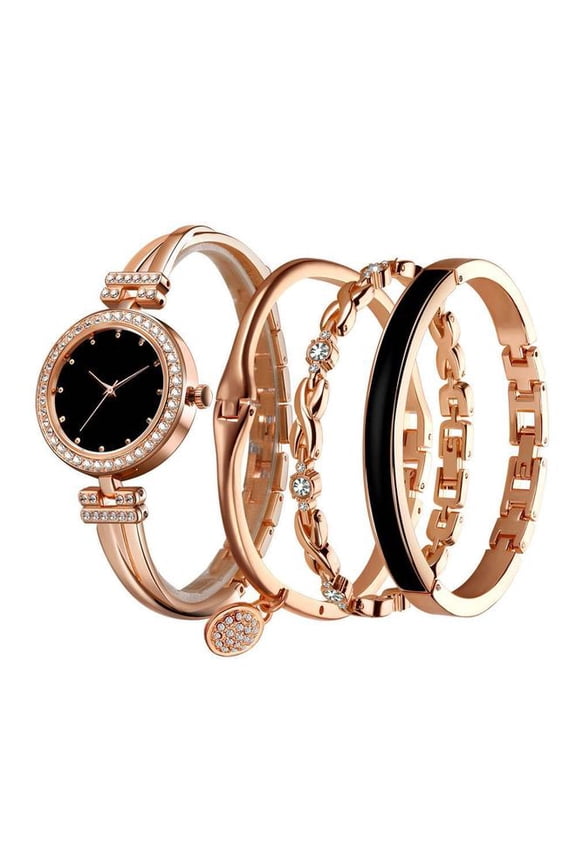 Women's Stainless Steel Analog Wristwatch With 3 Bracelets,Rose Gold Watch and Bracelet Set for Women Elegante Rhinestone Wrist Watch Glitter Ladies Bracelet Watch Set Gift