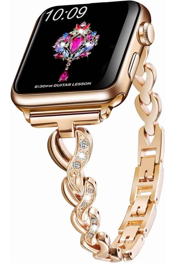 Women's Stainless Steel Band for Apple Watch 49mm 46mm 45mm 44mm 42mm - Fancy Heart Rhinestone Bling Strap, Dressy Metal Link Bracelet for Apple Watch Series 10/9/8/7/SE/6/5/4/3/2/1/Ultra 2/1, Rose