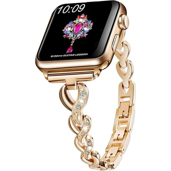 Women's Stainless Steel Band for Apple Watch 49mm 46mm 45mm 44mm 42mm - Fancy Heart Rhinestone Bling Strap, Dressy Metal Link Bracelet for Apple Watch Series 10/9/8/7/SE/6/5/4/3/2/1/Ultra 2/1, Gold