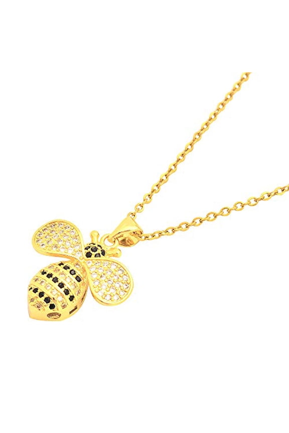 Women's Stainless Steel Bumble Bee Pendant Necklace – Multicolor Cubic Zirconia – 18"-20" Adjustable Link Chain – Steel or Yellow Gold Tone – Sparkly Nature-Inspired Jewelry (Yellow Gold-Tone)