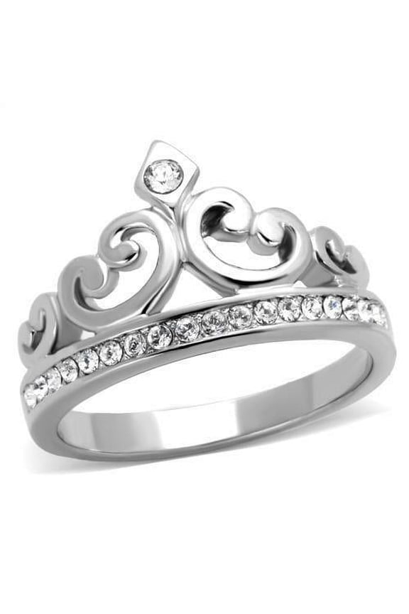 Women's Stainless Steel CZ Princess Crown Tiara Band Ring