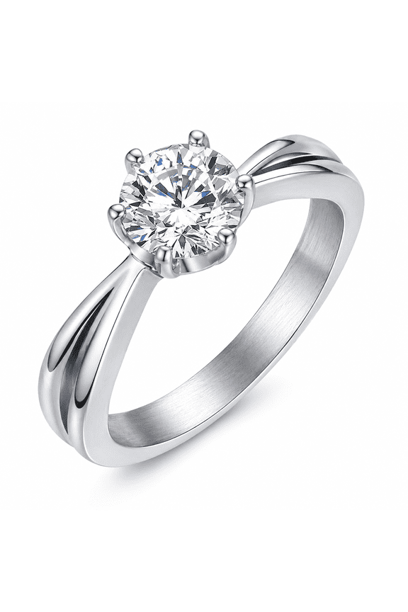 Women’s Stainless Steel Cubic Zirconia Ring, Solitaire Style Split Shank Promise Ring for Her, Sizes 6-9, Anniversary Birthday Gift for Women