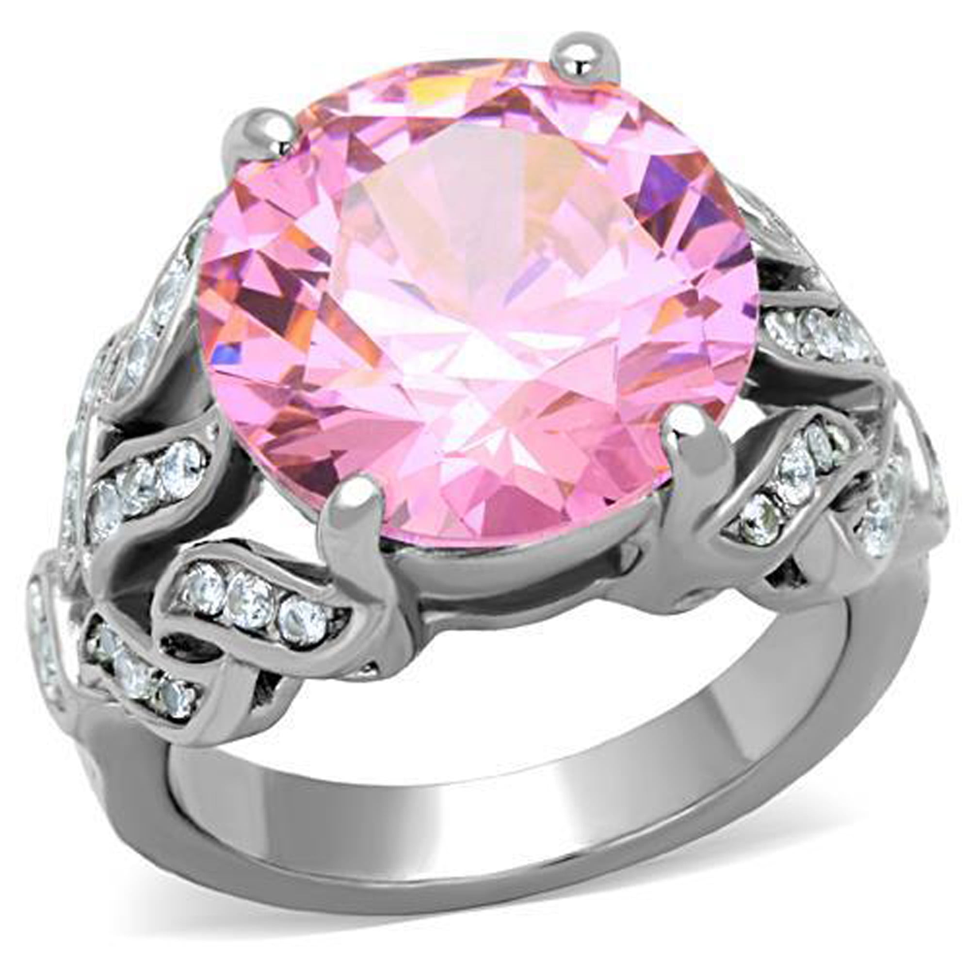LUXE DESIGN JEWELLERY Women's Stainless Steel Engagement Ring with AAA Grade CZ in Pink - Size 7
