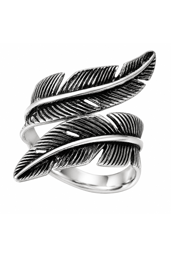 Women’s Stainless Steel Feather Ring, Open Wrap Style Band, Vintage Boho Statement Ring for Women, Sizes 7-13, Everyday Wear Gift for Her