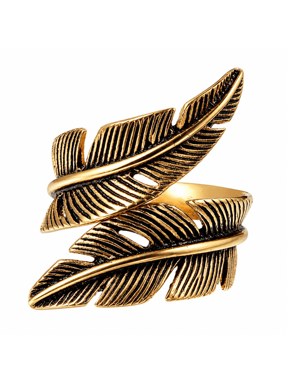 Women’s Stainless Steel Feather Ring, Open Wrap Style Band, Vintage Boho Statement Ring for Women, Sizes 7-13, Everyday Wear Gift for Her