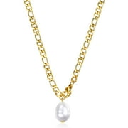 ARCO IRIS JEWELRY Women's Stainless Steel Figaro Chain Necklace with Shell Pearl, Gold Color