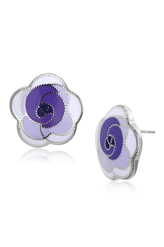 Women's Stainless Steel High polished Epoxy Purple Flower Earrings