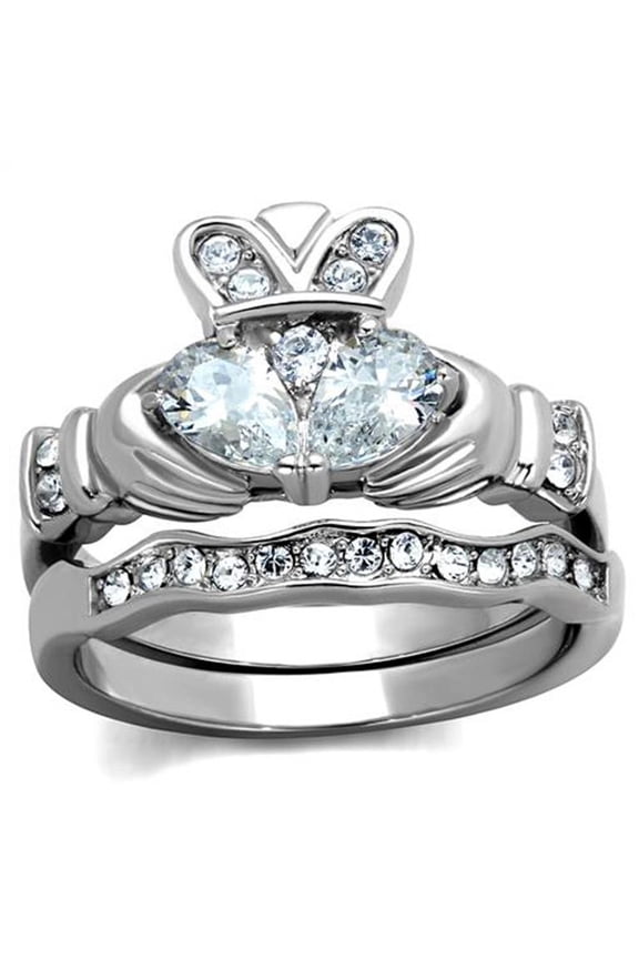 Women's Stainless Steel Irish Claddagh AAA Cz Wedding Ring Band Set Size 5