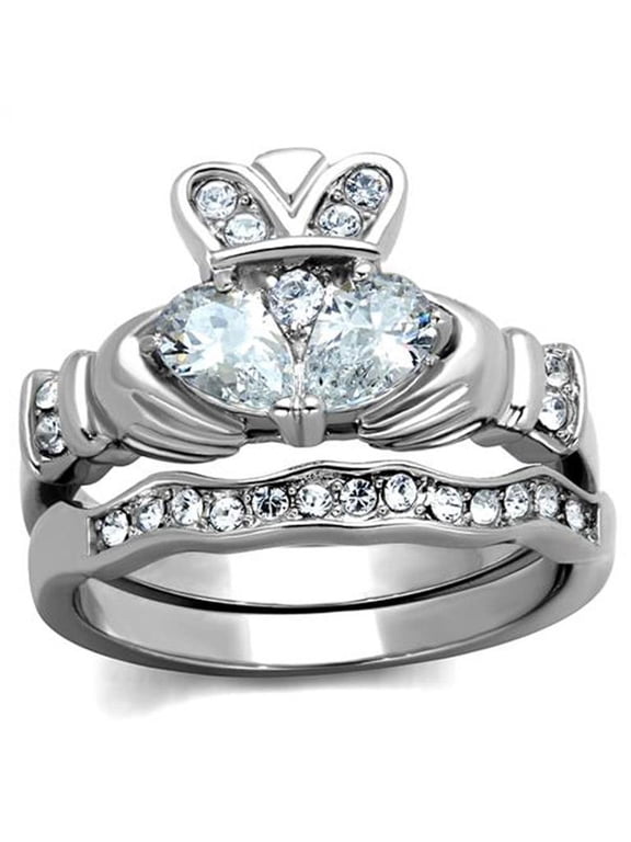 Women's Stainless Steel Irish Claddagh AAA Cz Wedding Ring Band Set Size 8