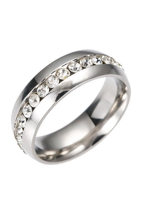 Womens Stainless Steel Ring with Zircon Inlay Fashion Jewelry Single Row Diamond Ring Korean Style Ring for Her Elegant