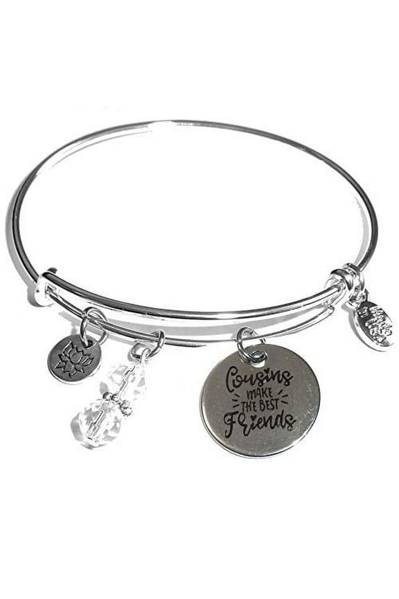 Women's Stainless Steel Message Charm Expandable Wire Bangle Bracelet, Popular, Stylish and Trendy, Arrives in a Gift Box. (Cousins Make The Best Friends)